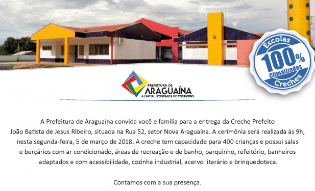 Luana Ribeiro convida população para participar da inauguração de nova Creche em Araguaína